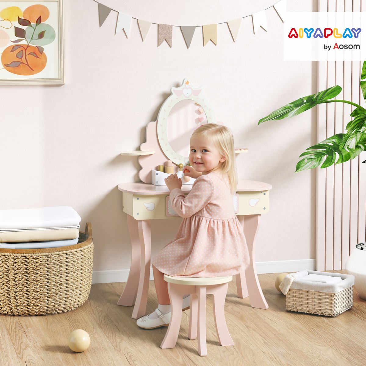 Ensemble de jeu « Coiffeuse pour enfants » rose avec motif cœur et ailes, AIYAPLAY