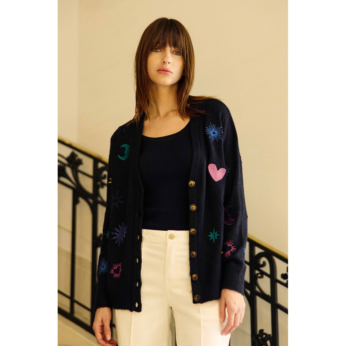 Gilet col rond imprimé broderie MOKA 25-marine, LA PETITE ETOILE
