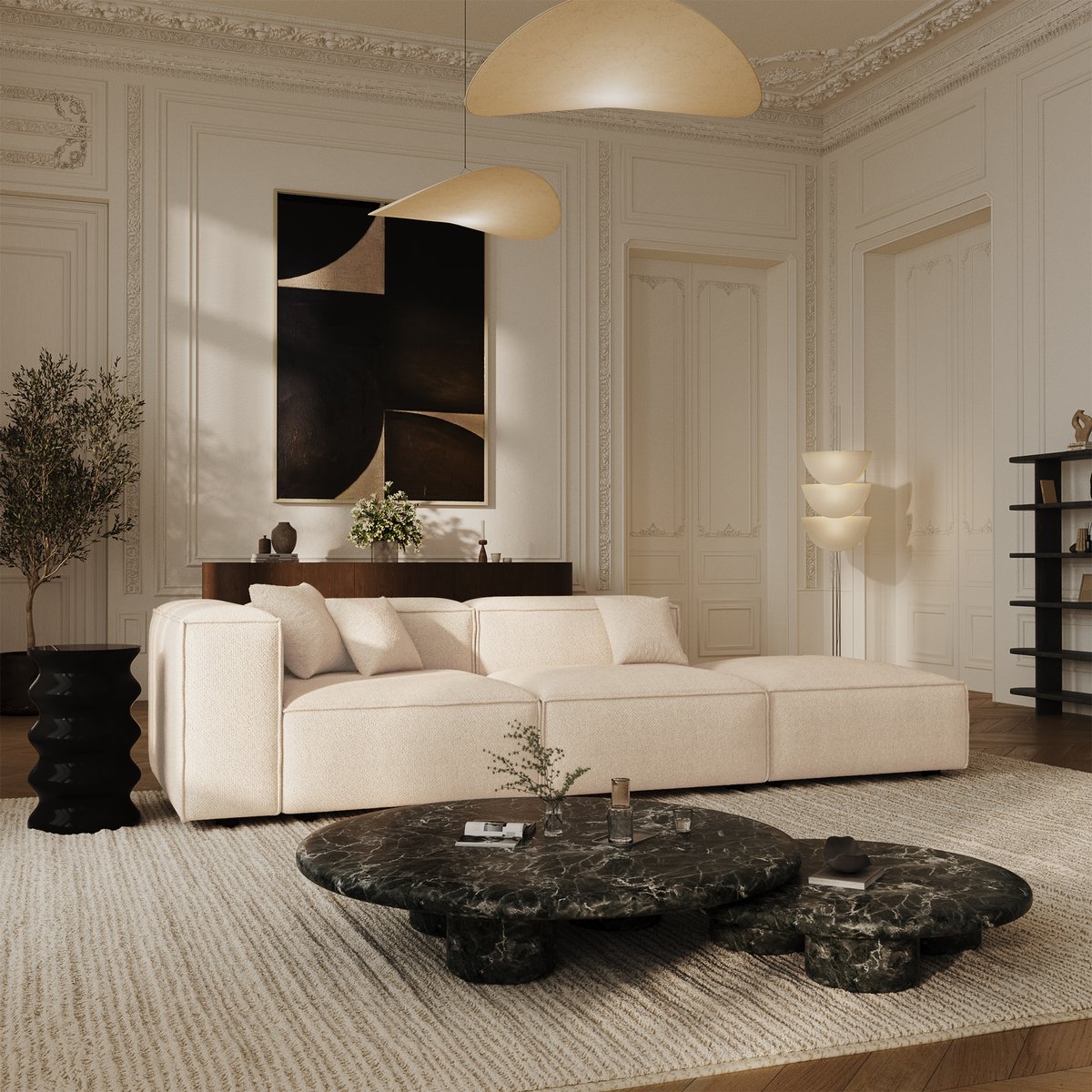 Canapé modulable 5 places en velours chenillé CUBI crème, SIA HOME