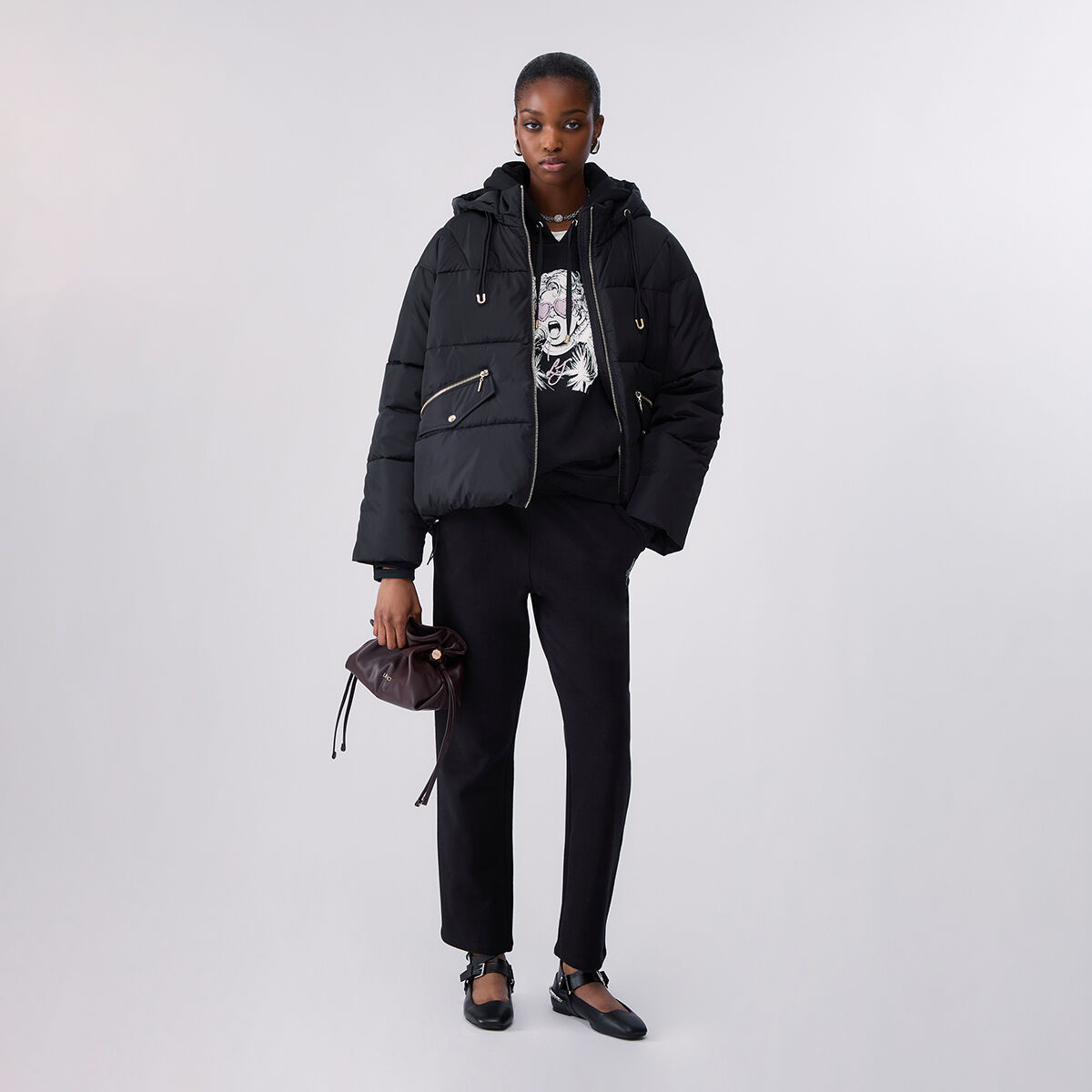 Veste courte matelassée en nylon noir, LIU JO