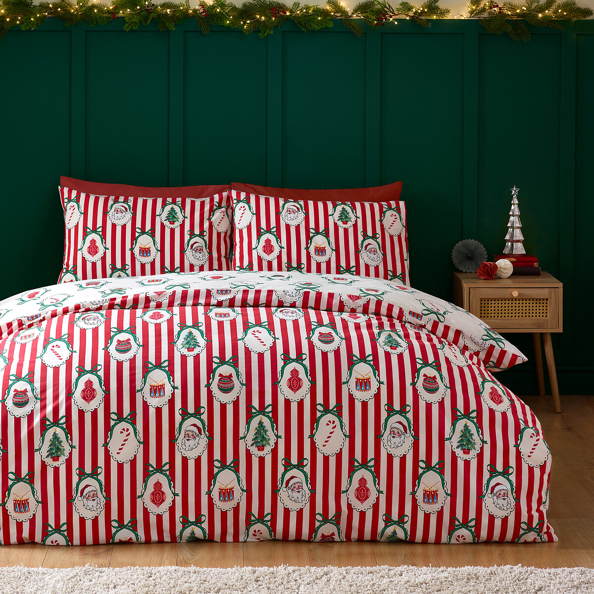 Vintage Stripe Christmas Reversible Duvet Cover and Pillowcase Set red, CATHERINE LANSFIELD