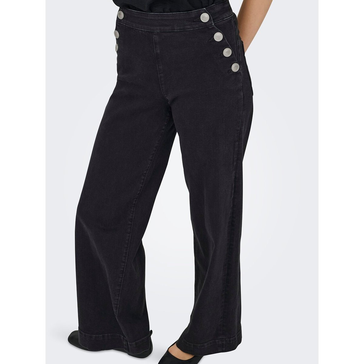 High Waist Wide Leg Jeans with Side Buttons black denim, ONLY