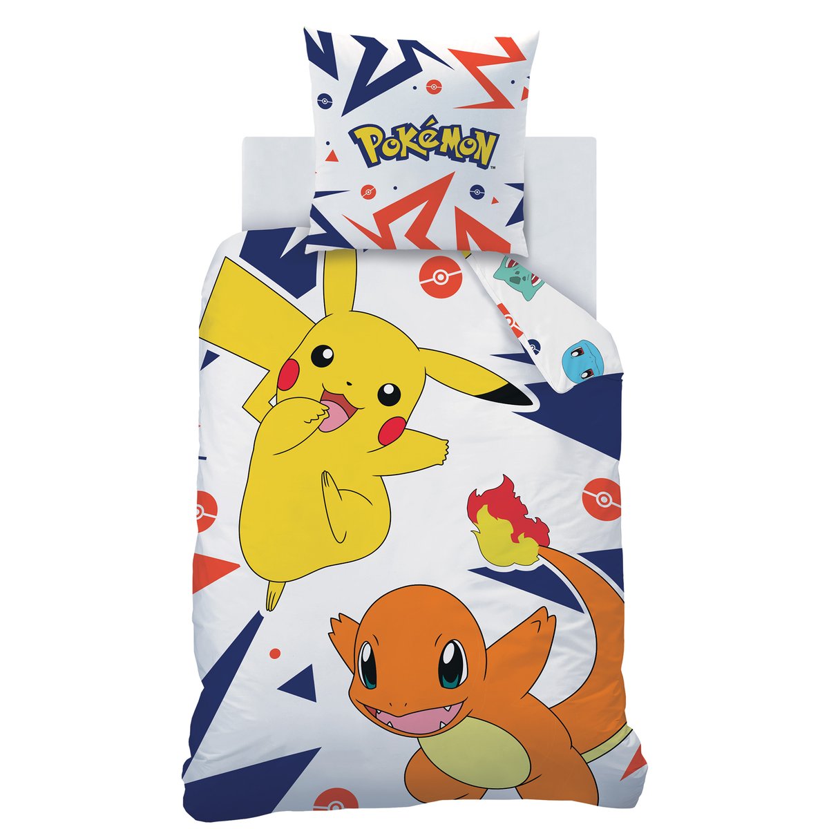 Parure de lit imprimée 100% coton, ZIGGY blanc, bleu, POKEMON