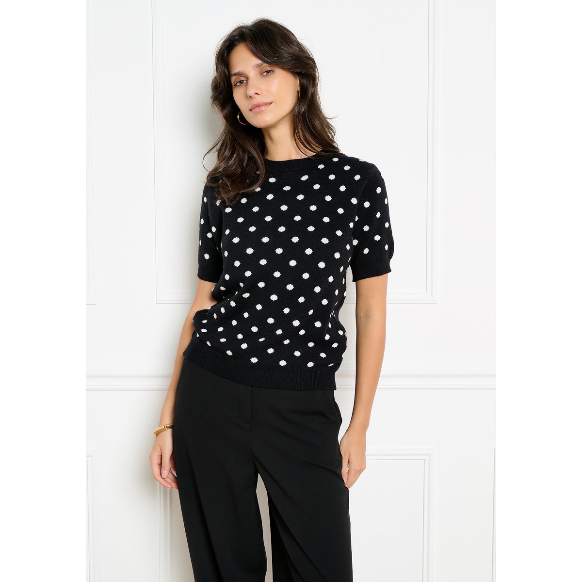 Pull jacquard manches courtes à pois noir, LOLALIZA