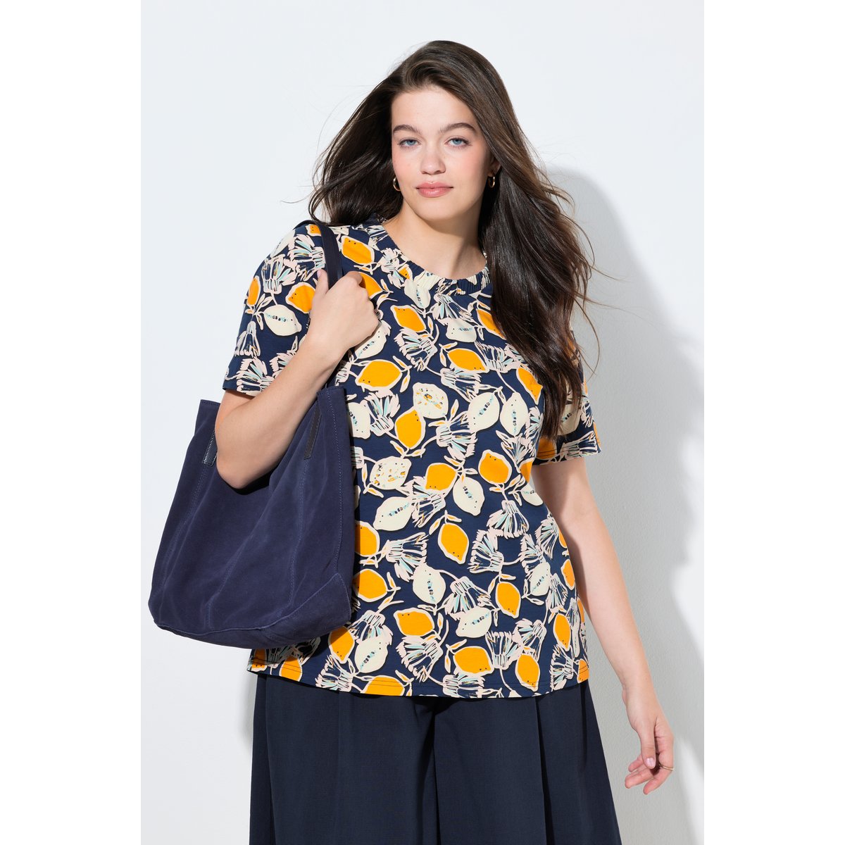 T-shirt en coton bio motif citrons marine, ULLA POPKEN