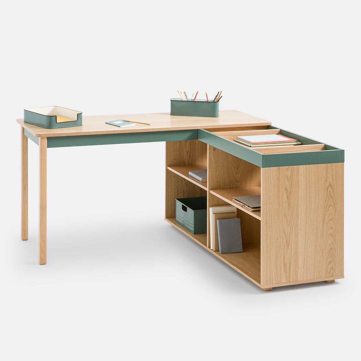 Bureau d’angle réversible avec rangement, Lina vert/bois, LA REDOUTE INTERIEURS