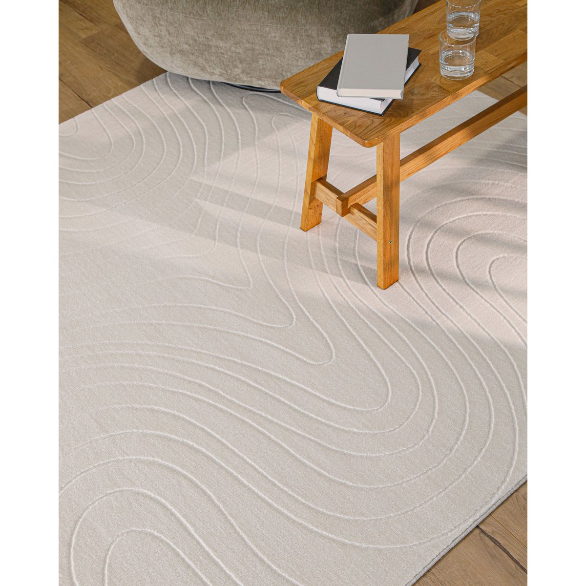 WECONhome Nuuk Flow, tufté, tapis poils courts, motif vague en relief, lavable, certifié OEKO-TEX® ,  Nuuk Flow crème blanc, WECON HOME