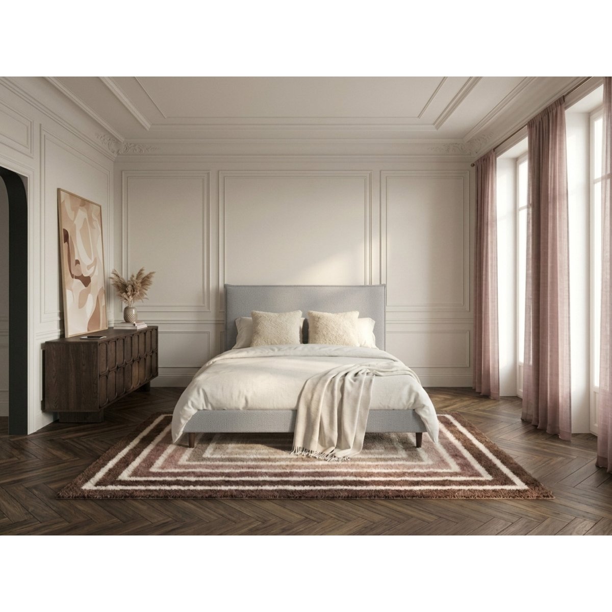 Lit bois revêtement tissu, SARY gris, BOBOCHIC