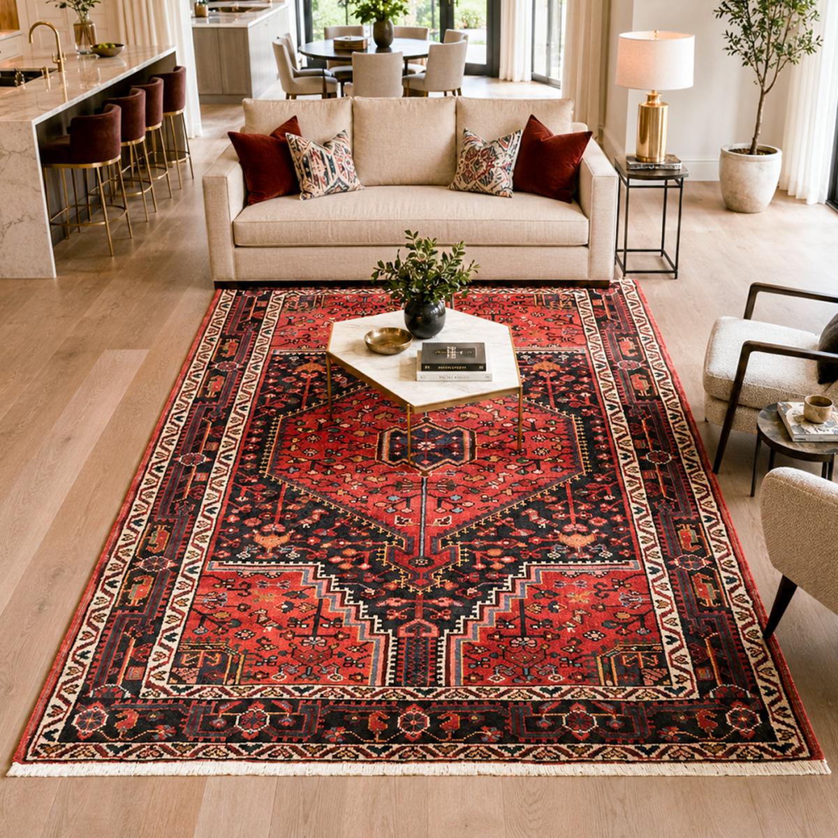 Tapis d'orient oriental, noué main en laine, HAMADAN 23 rouge, beige, noir, UN AMOUR DE TAPIS