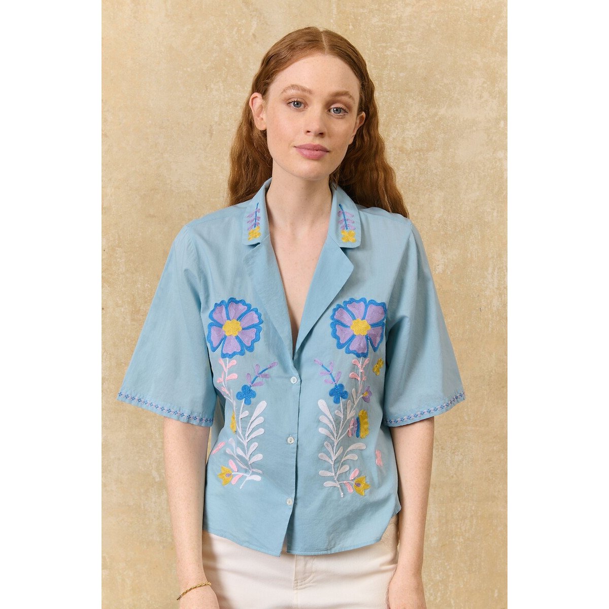 Emilius Embroidered Blouse with Short Sleeves sky blue, LOUISE MISHA