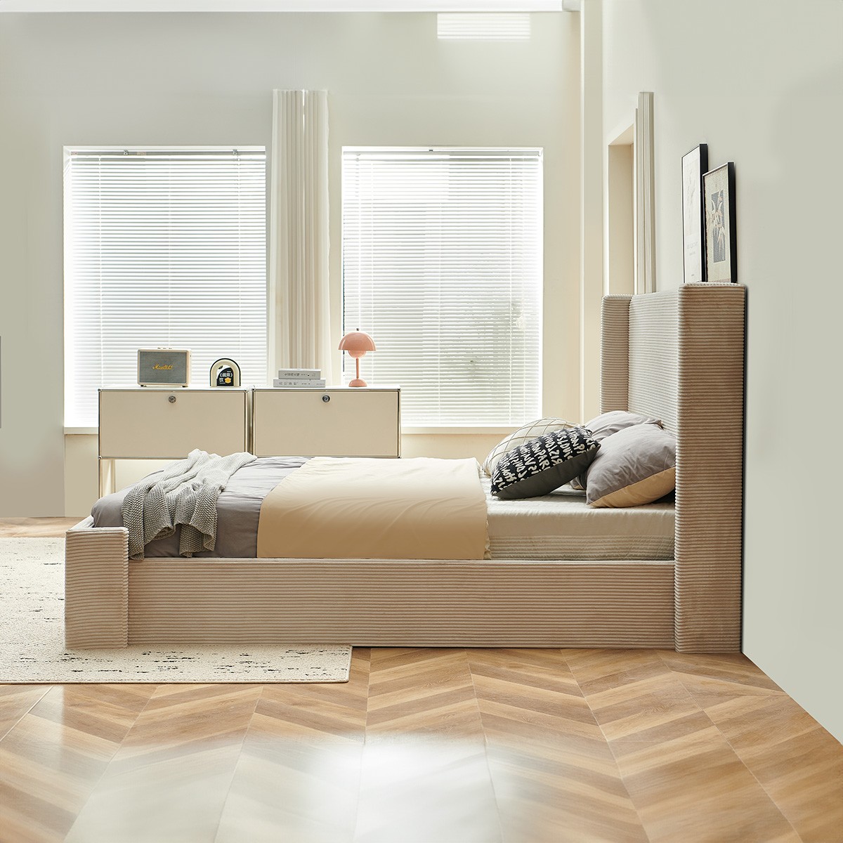 Lit coffre avec tête de lit capitonnée en velours côtelé - ELMA beige, HOMIFAB