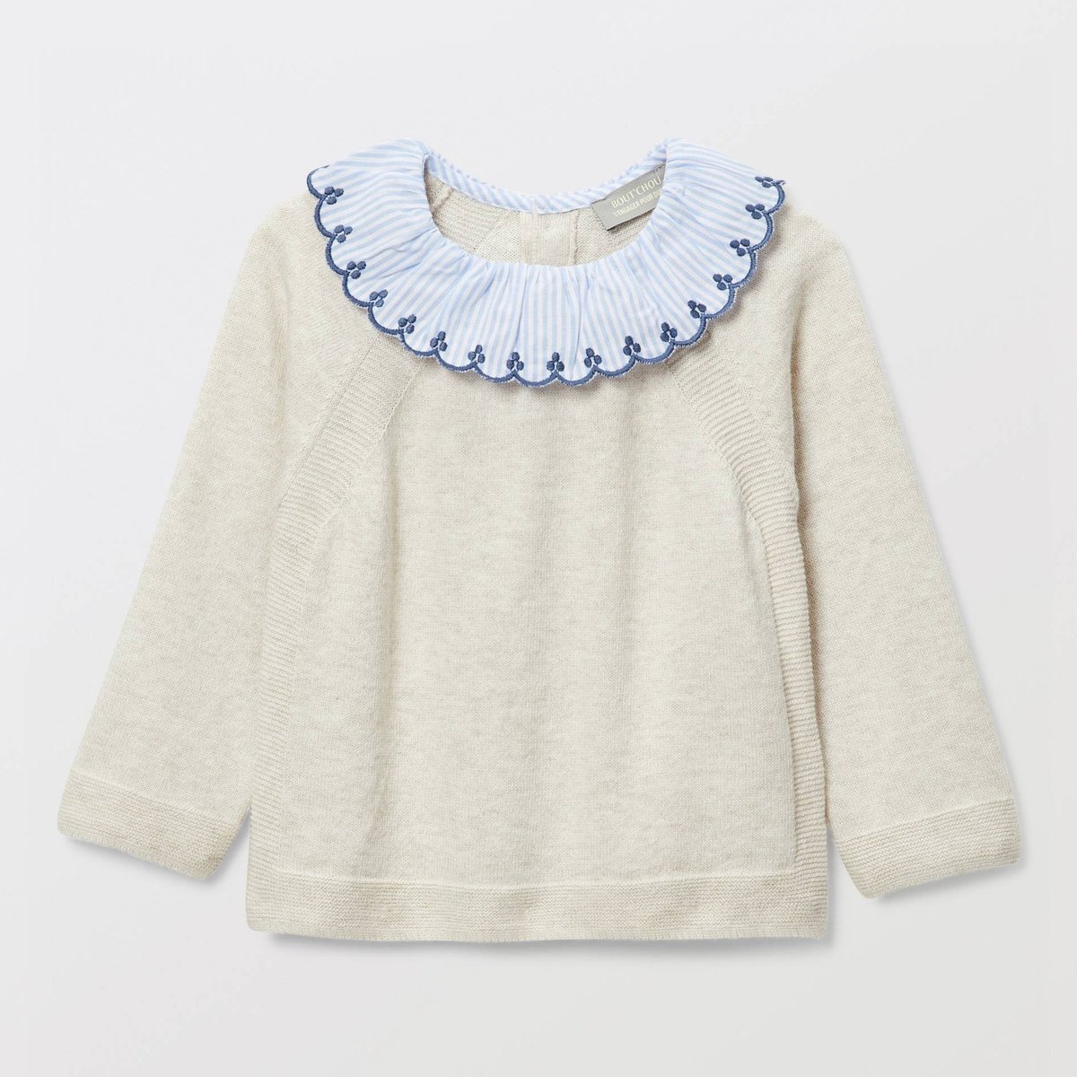 Pull uni à col rayé contenant de la laine beige melange, BOUT'CHOU