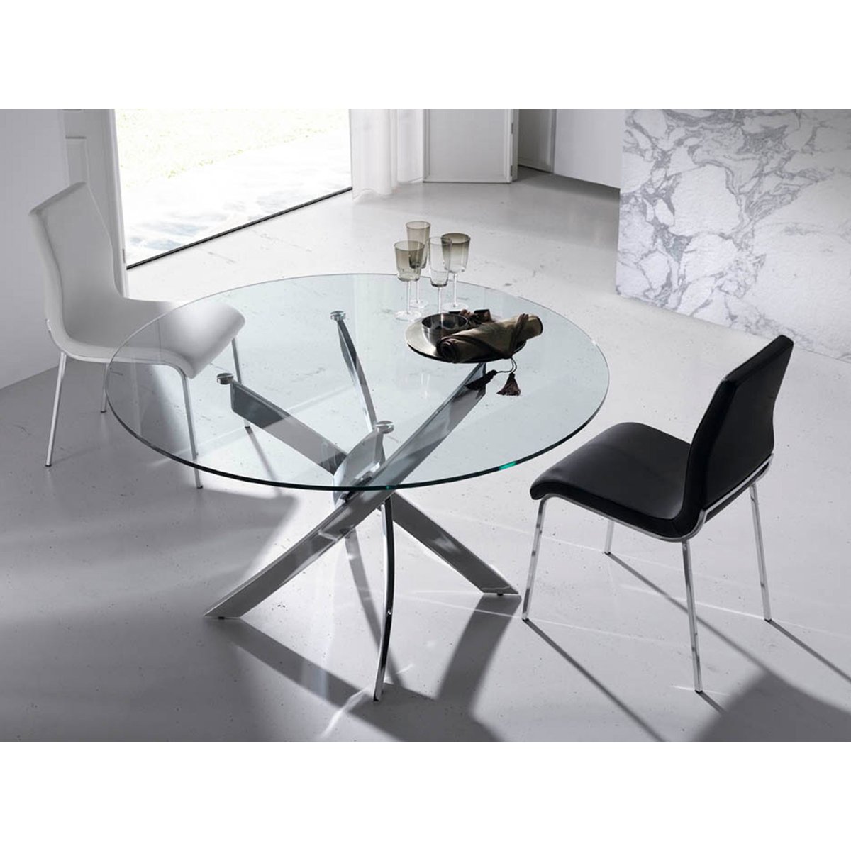 Table à manger ronde verre trempé et acier chromé verre trempé | acier chromé, ANGEL CERDA