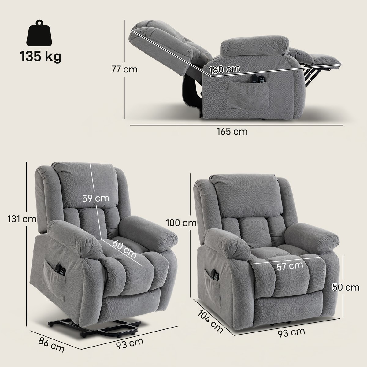 Fauteuil releveur multifonctionnel Velours gris clair, HOMCOM