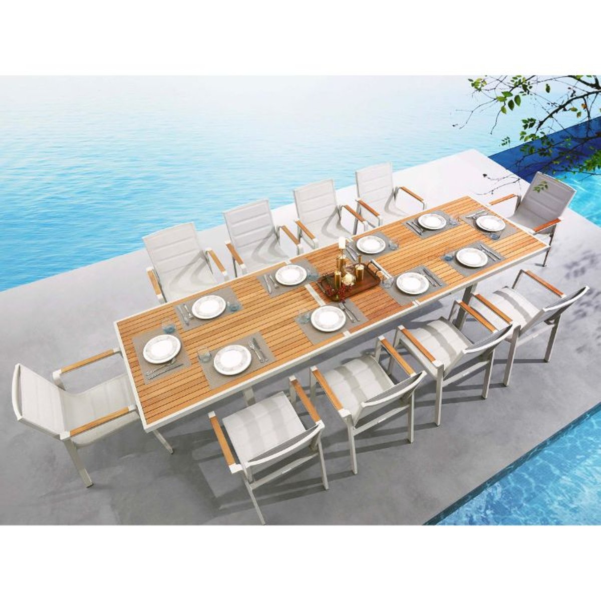 Ensemble repas extensible en aluminium et teck, NOFFY beige, AU JARDIN DE CHLOÉ