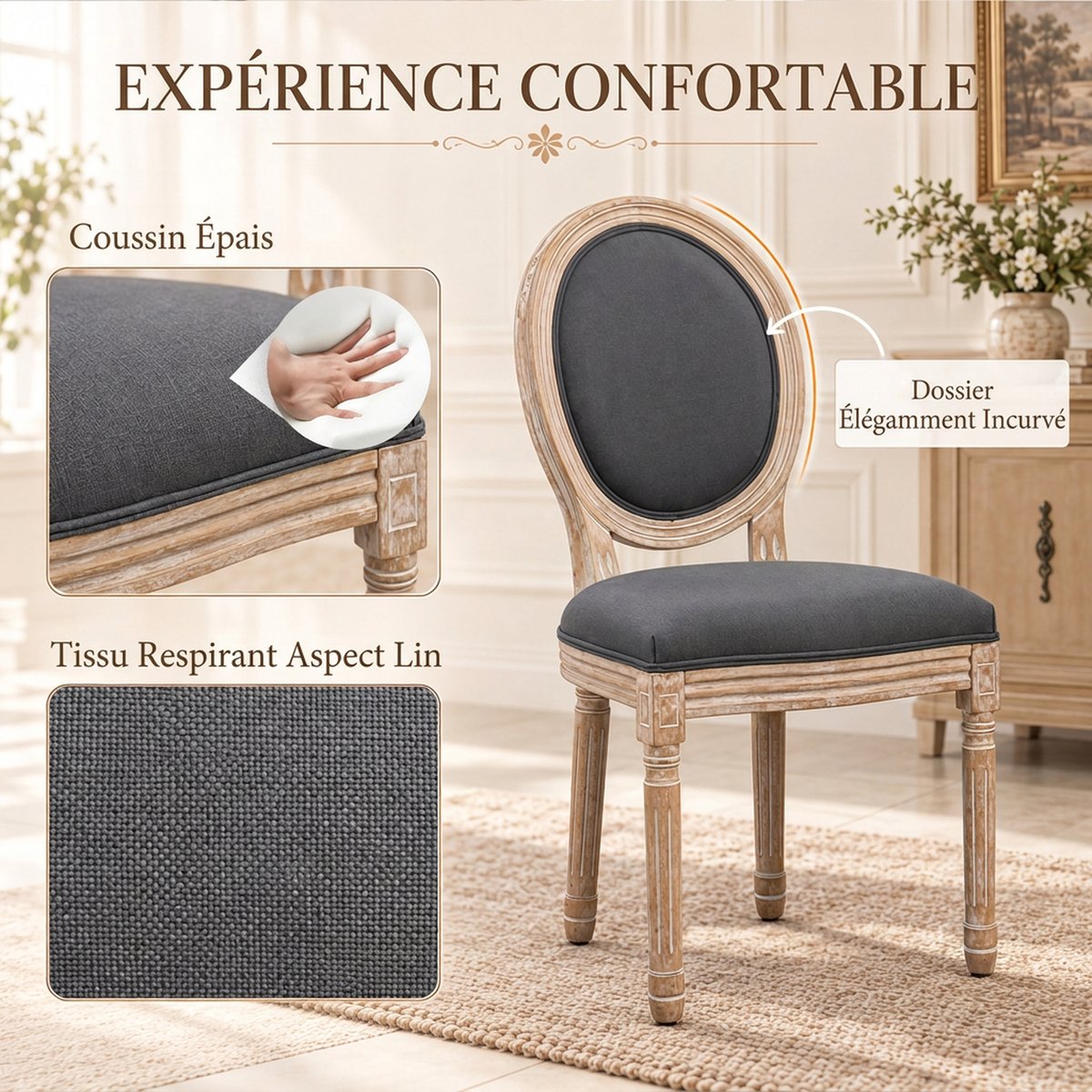 Chaise de salle à manger Tissu effet lin (100 gris, HOMCOM