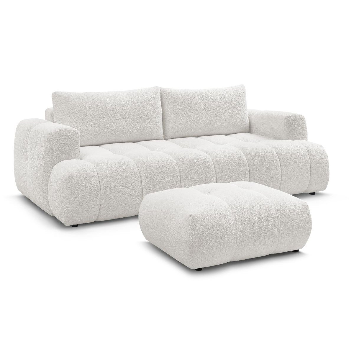 Canapé droit convertible 3 places en tissu bouclette avec pouf, FUJI blanc, BOBOCHIC