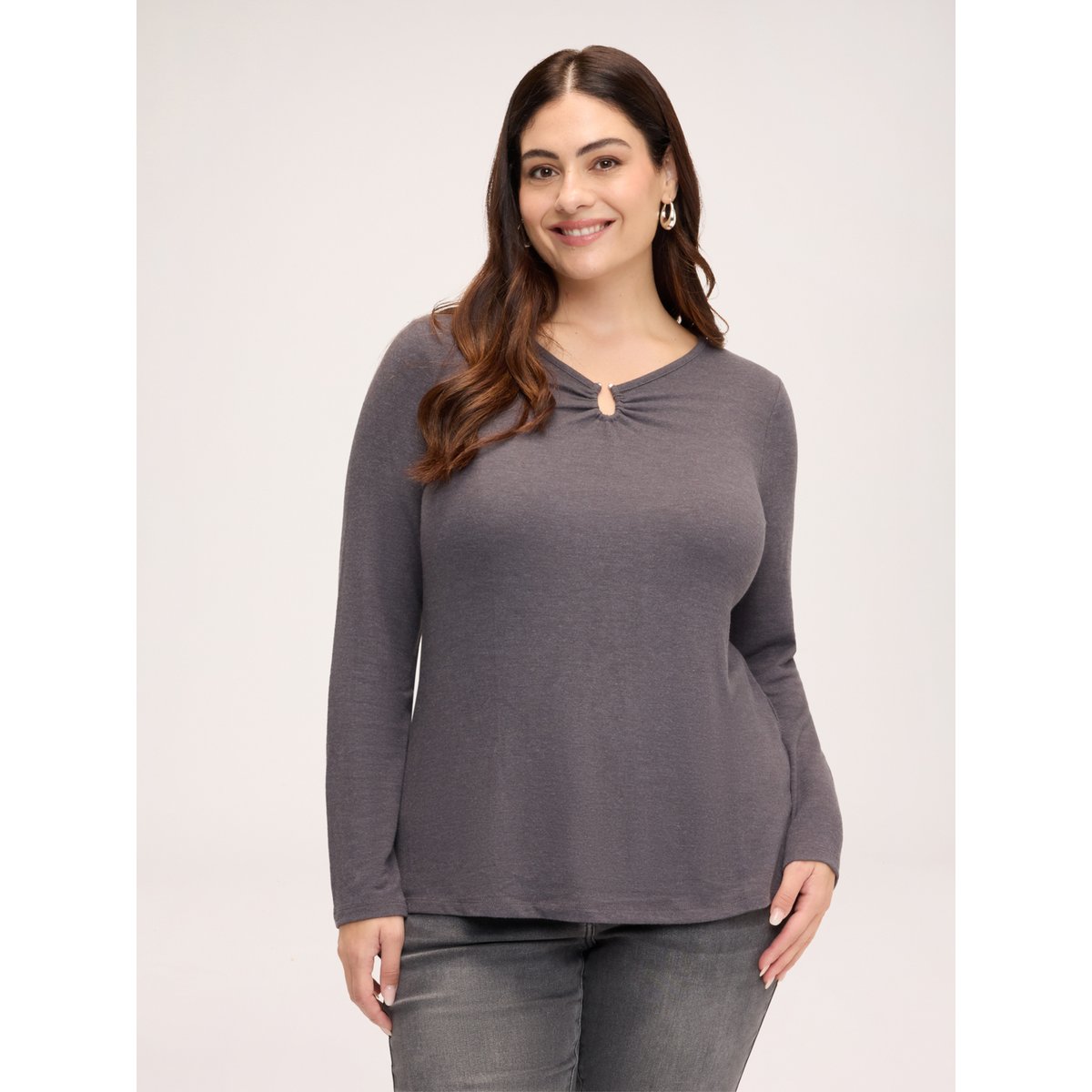 T-shirt col V avec applications bijoux gris, FIORELLA RUBINO