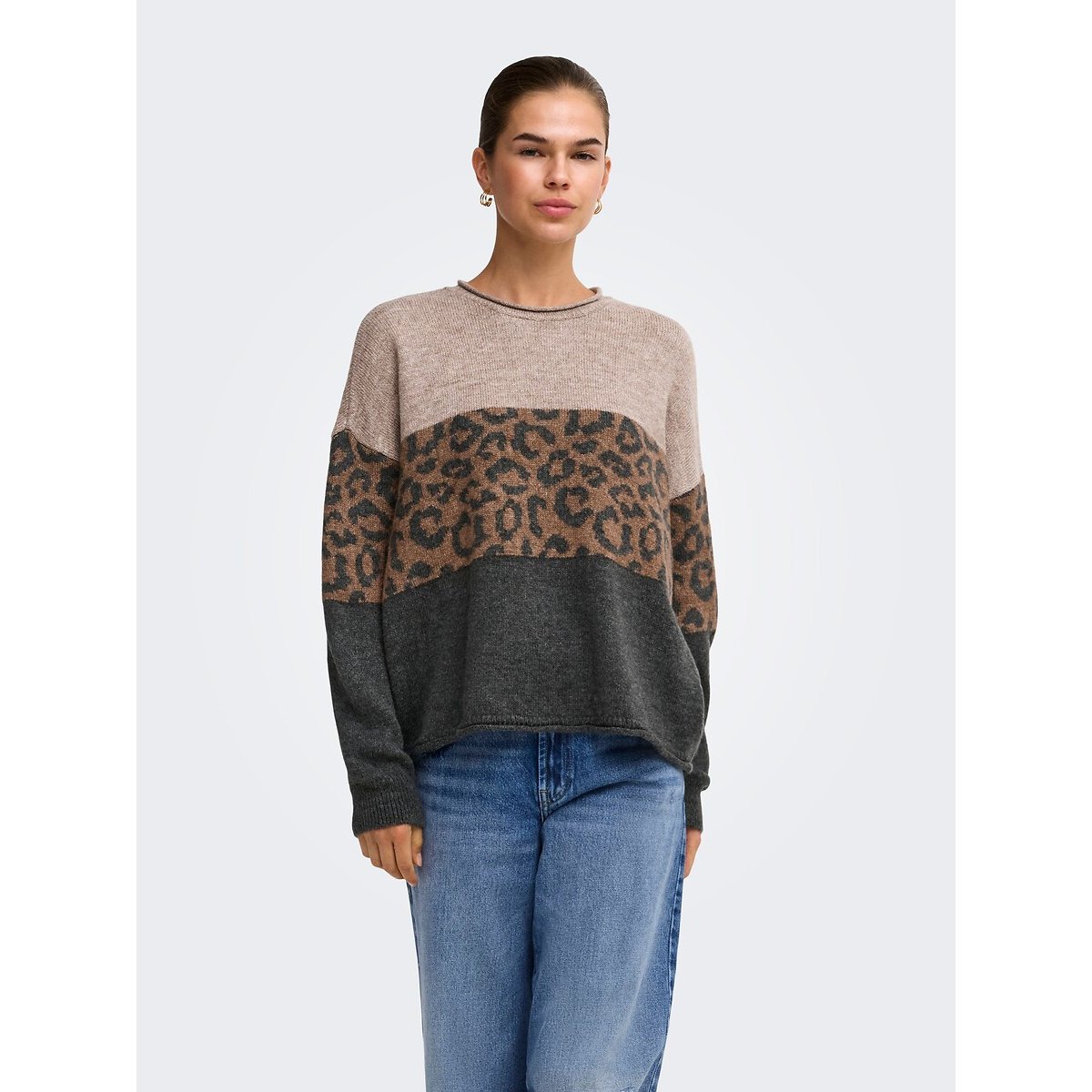 Camisola de gola redonda, estampado leopardo cinzento/leopardo, ONLY