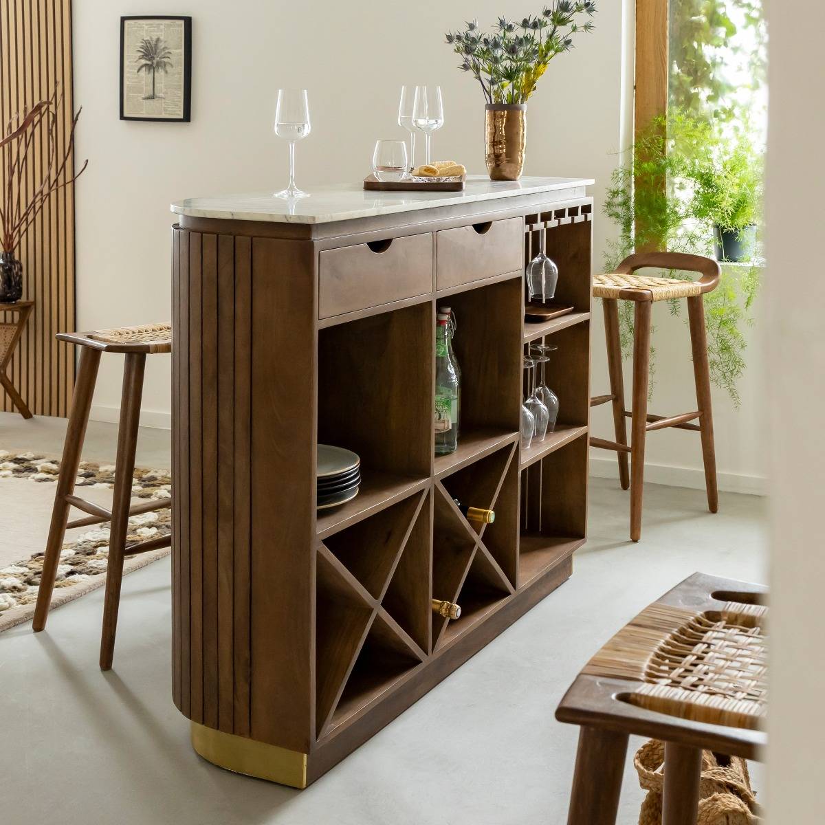 Bar en bois de manguier et marbre blanc SIENNE bois foncé, MADE IN MEUBLES