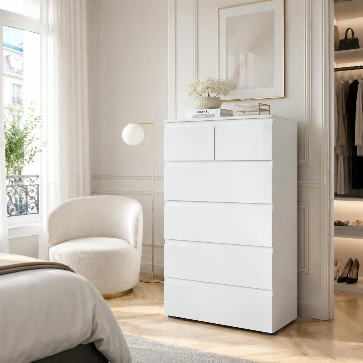 Commode étroite blanche 5 tiroirs ALVA blanc, PIER IMPORT