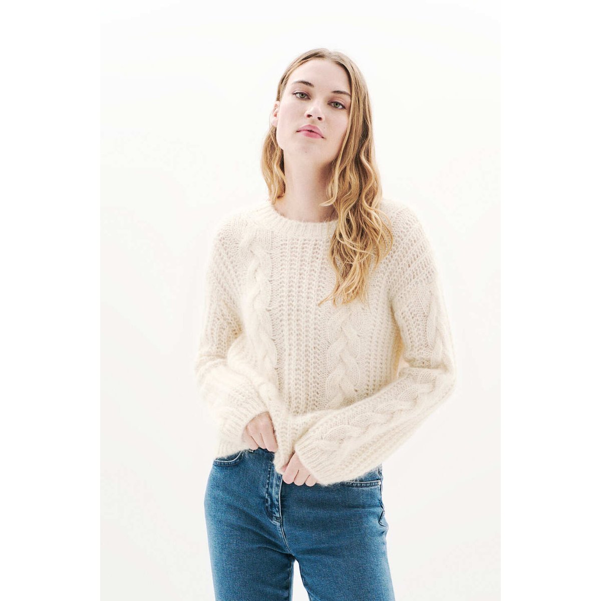 Pull Mleandro bleu gris femme ecru, CAROLL