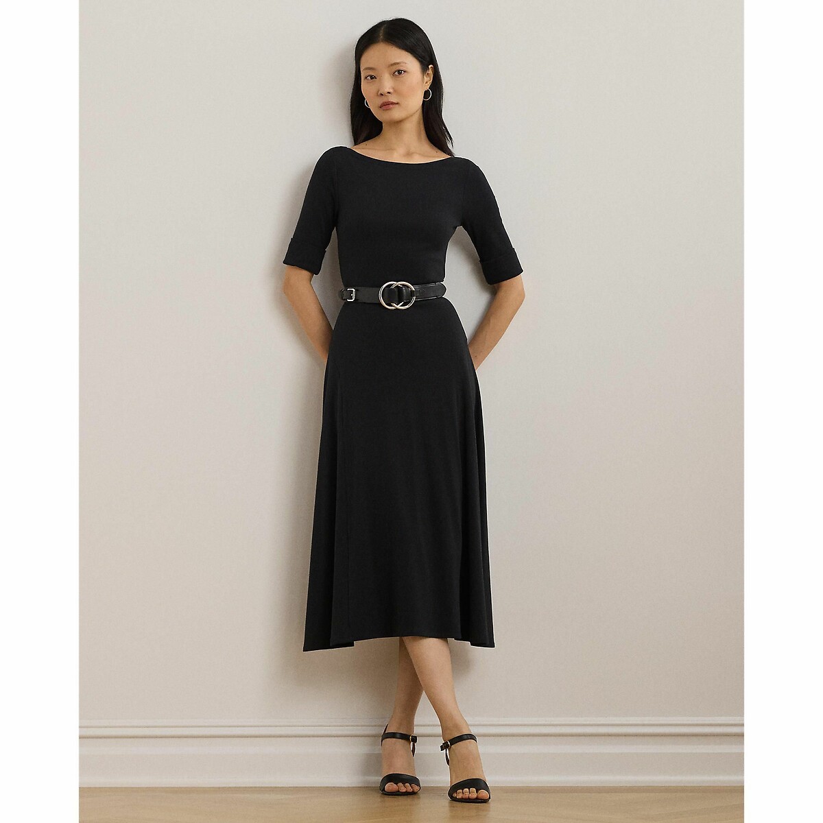 Abito longuette con collo a barchetta e maniche al gomito nero , LAUREN RALPH LAUREN