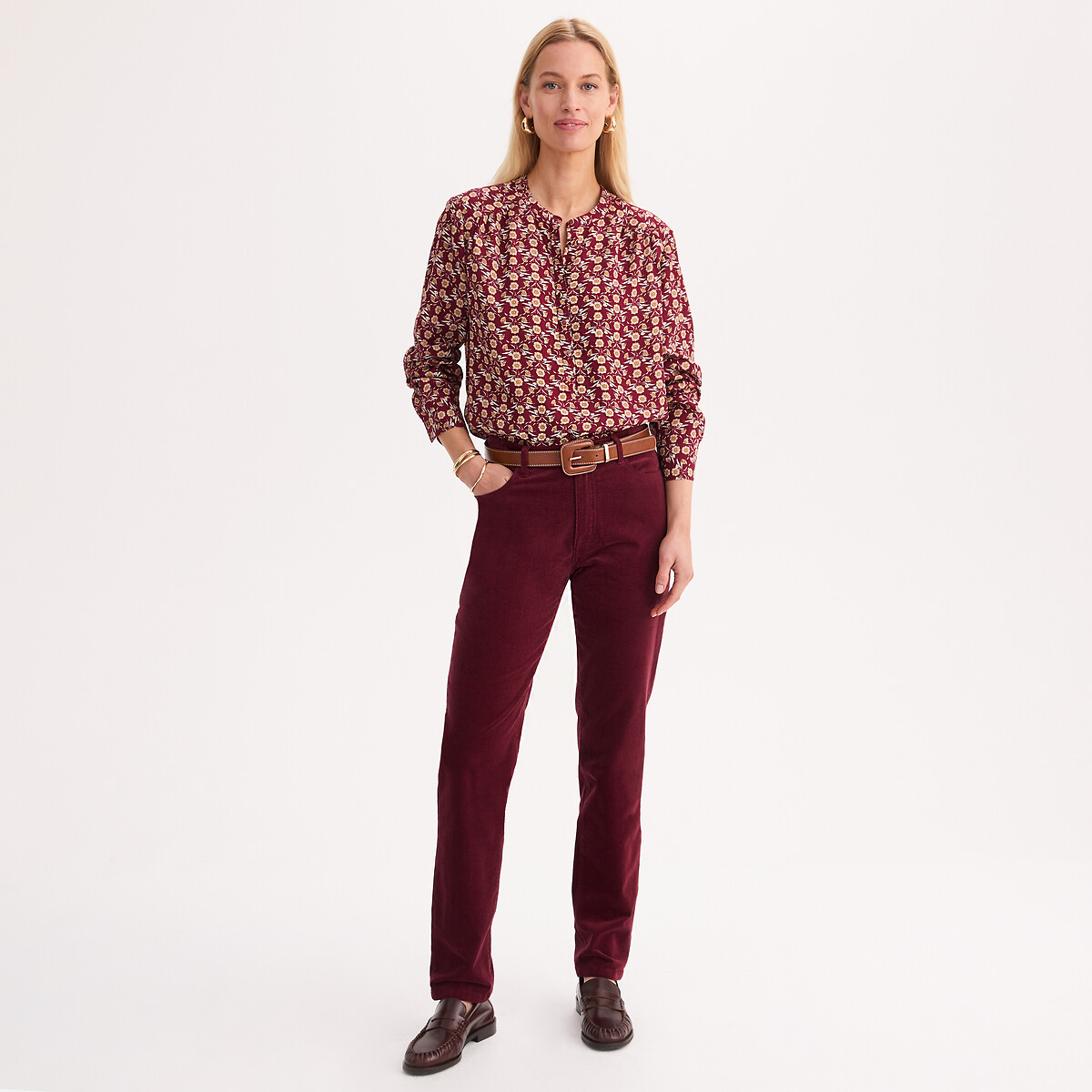 Floral Print Viscose Long Sleeve Grandad Collar Blouse floral print/burgundy background, ANNE WEYBURN