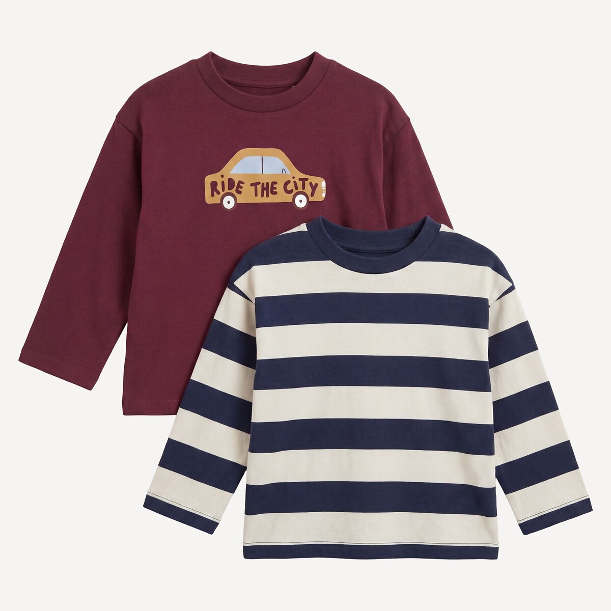 Pack of 2 Printed Long Sleeve T-Shirts striped+burgundy, LA REDOUTE COLLECTIONS