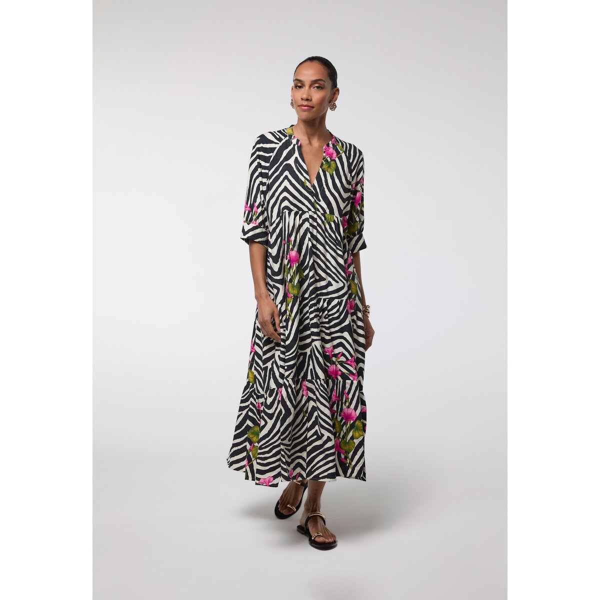Robe longue fluide floral imprimé zèbre noir, LOLA CASADEMUNT