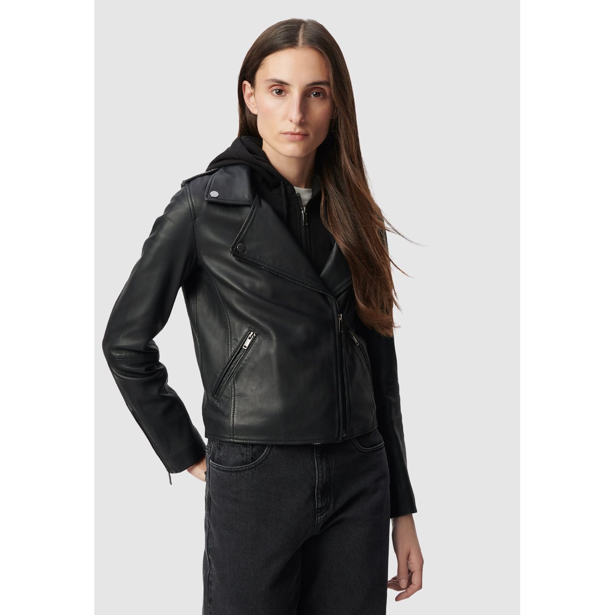Blouson cuir d'agneau à capuche amovible noir, IKKS