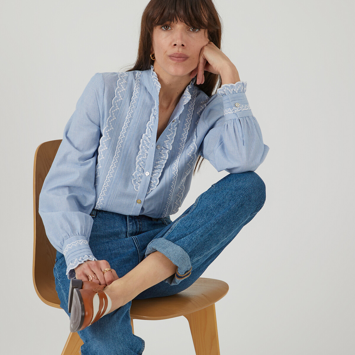 Signatures Eugenie Ruffled Blouse in Striped Print blue striped, LA REDOUTE COLLECTIONS