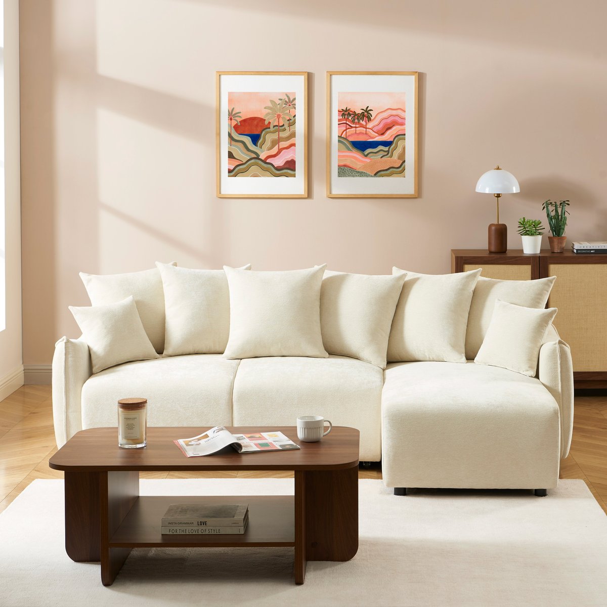 Canapé d'angle convertible tissu  OPALINE beige, BAÏTA