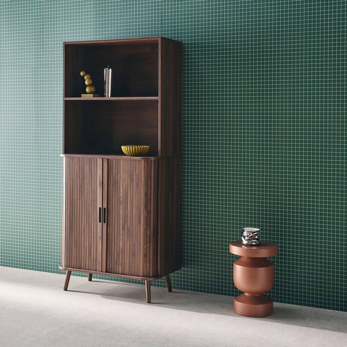 Etagère bibliothèque décor bois rainuré 2 portes coulissantes 4 niveaux LEGACY naturel, SWEEEK