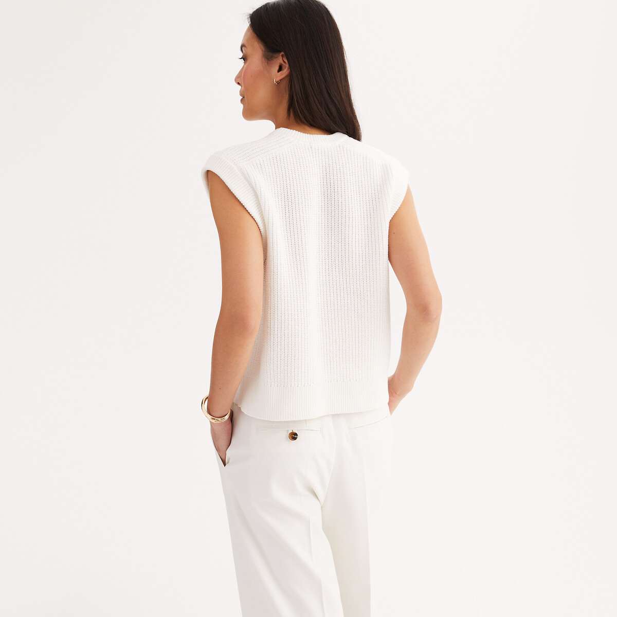 Maglione senza maniche con scollo rotondo in maglia grossa a costine puro cotone ecru , ANNE WEYBURN