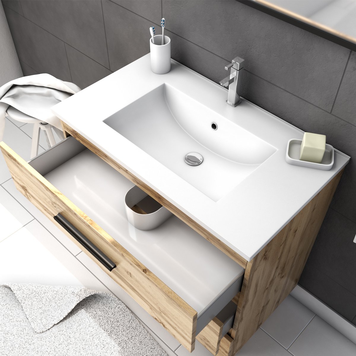 Pack caisson à tiroirs avec vasque et miroir marron foncé, HOME MAISON