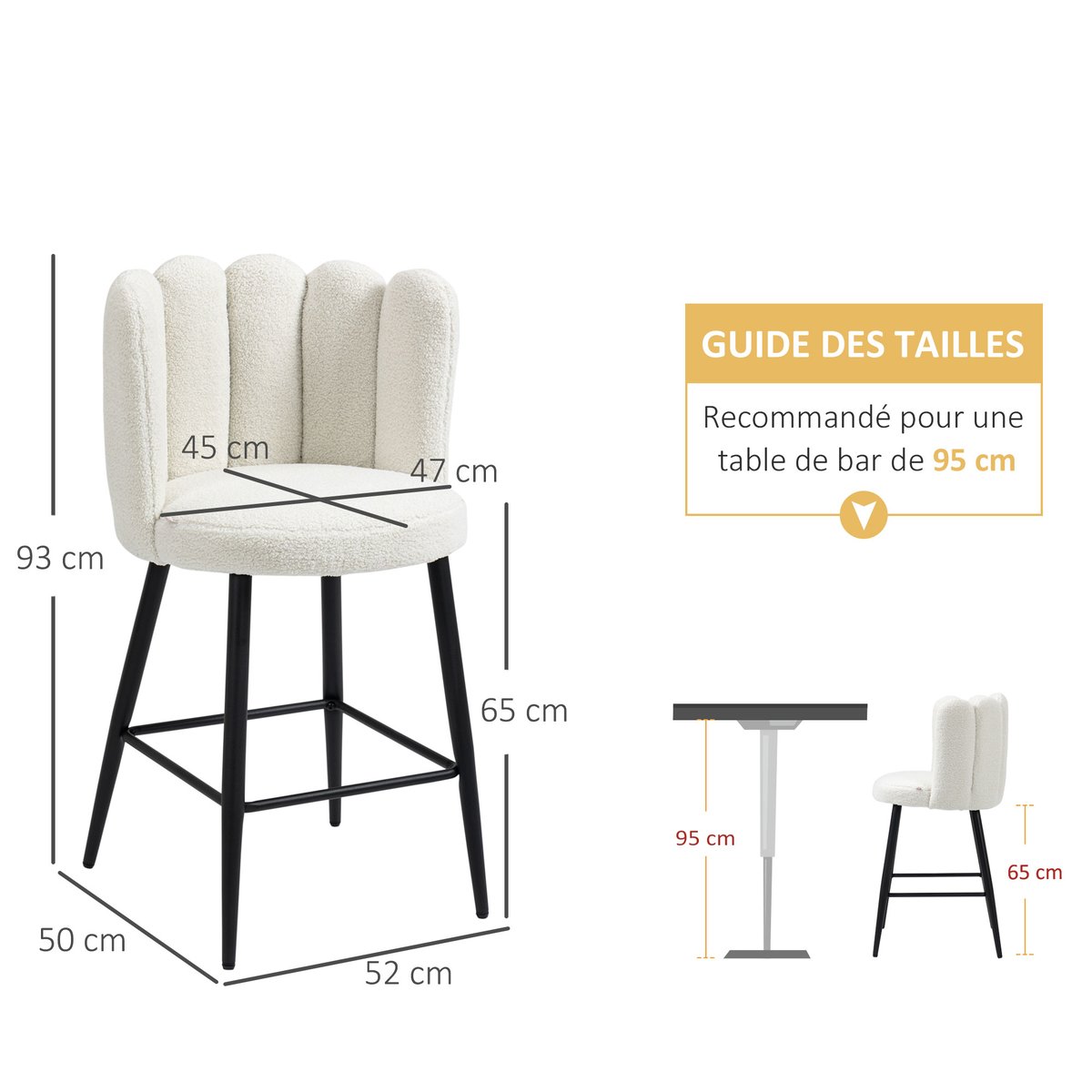 Tabouret de bar Tissu 100% polyester Blanc crème, noir, HOMCOM