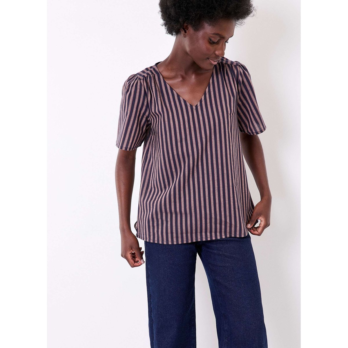 Top rayé manches courtes voile de coton bio PALANE bleu navy palane, LA FIANCÉE