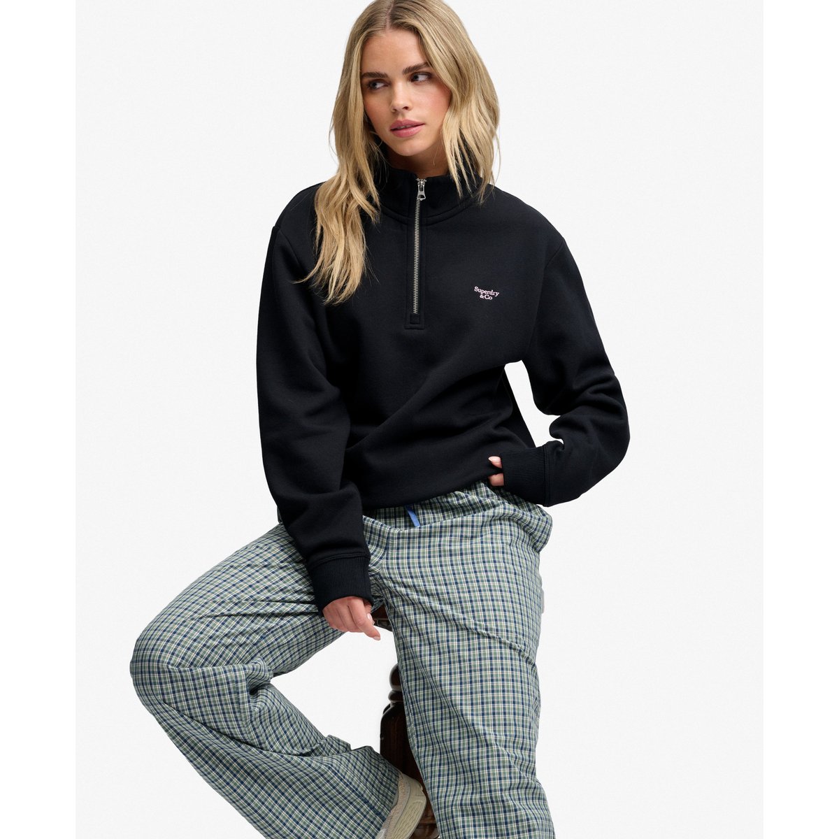 Sweatshirt Signature Demi-Zip Brodé bleu marine éclipse, SUPERDRY