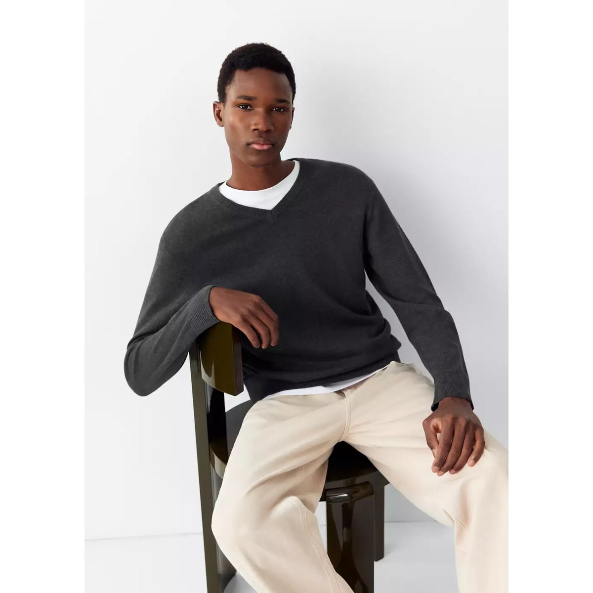 Pull-over coton col V gris chiné moyen, MANGO TEEN