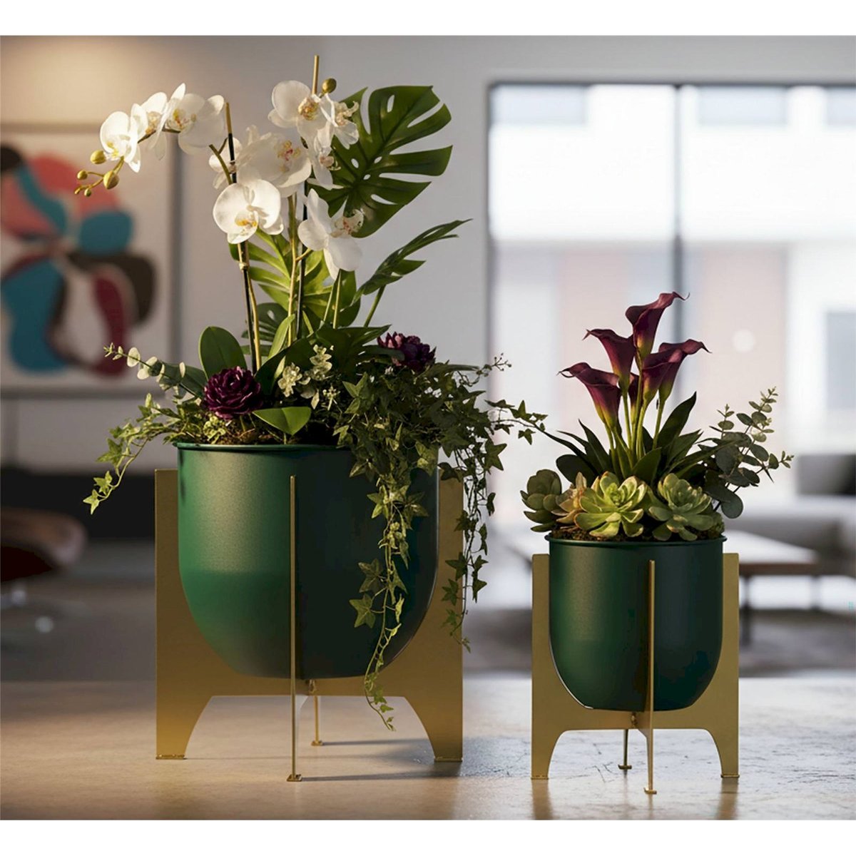 Cache-pots en fer set de 2 décoratifs GLAM vert et doré, RECOLLECTION