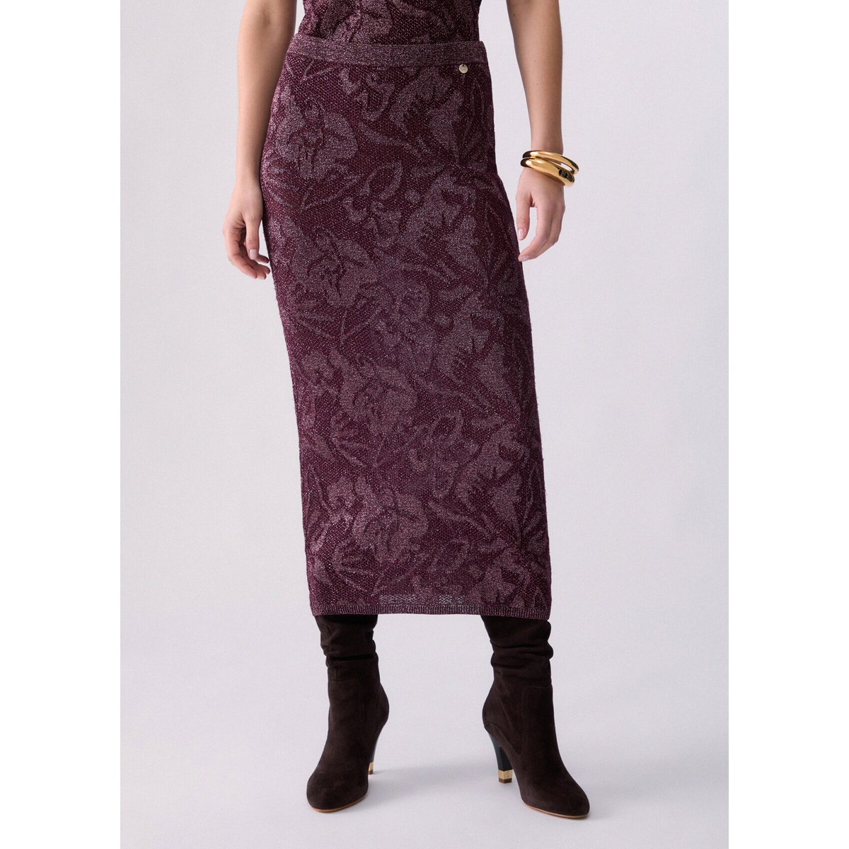 Jupe Midi en Dentelle Lamé aubergine, LIU JO