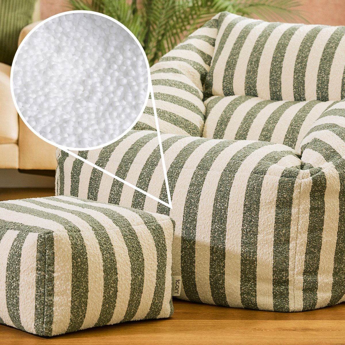 Pouf fauteuil et son repose-pied carré en bouclette rayée Oeko-Tex® - NATALIA vert olive, ICON