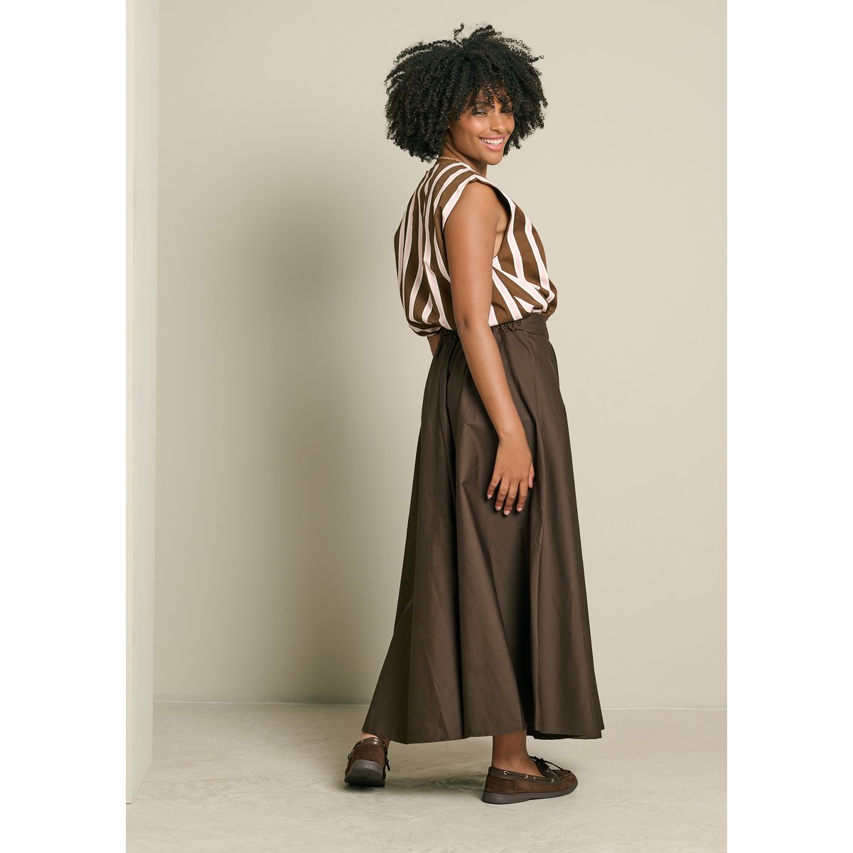 Jupe maxi en popeline brun fonce chocolate, LOLALIZA