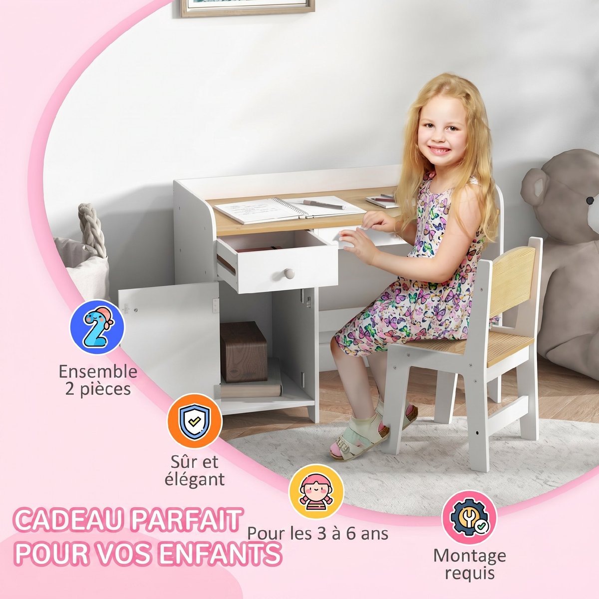Bureau d'étude pour enfants avec chaise MDF blanc et bois clair, ZONEKIZ