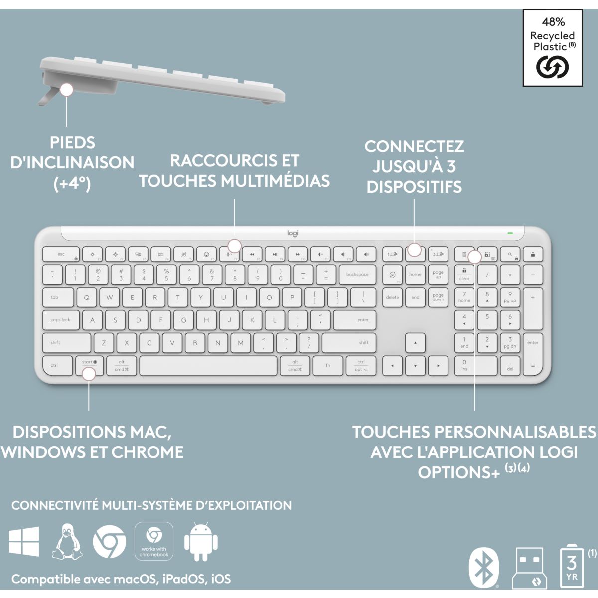 Clavier + Souris MK950 Signature Slim Bluetooth Blanc couleur unique, LOGITECH