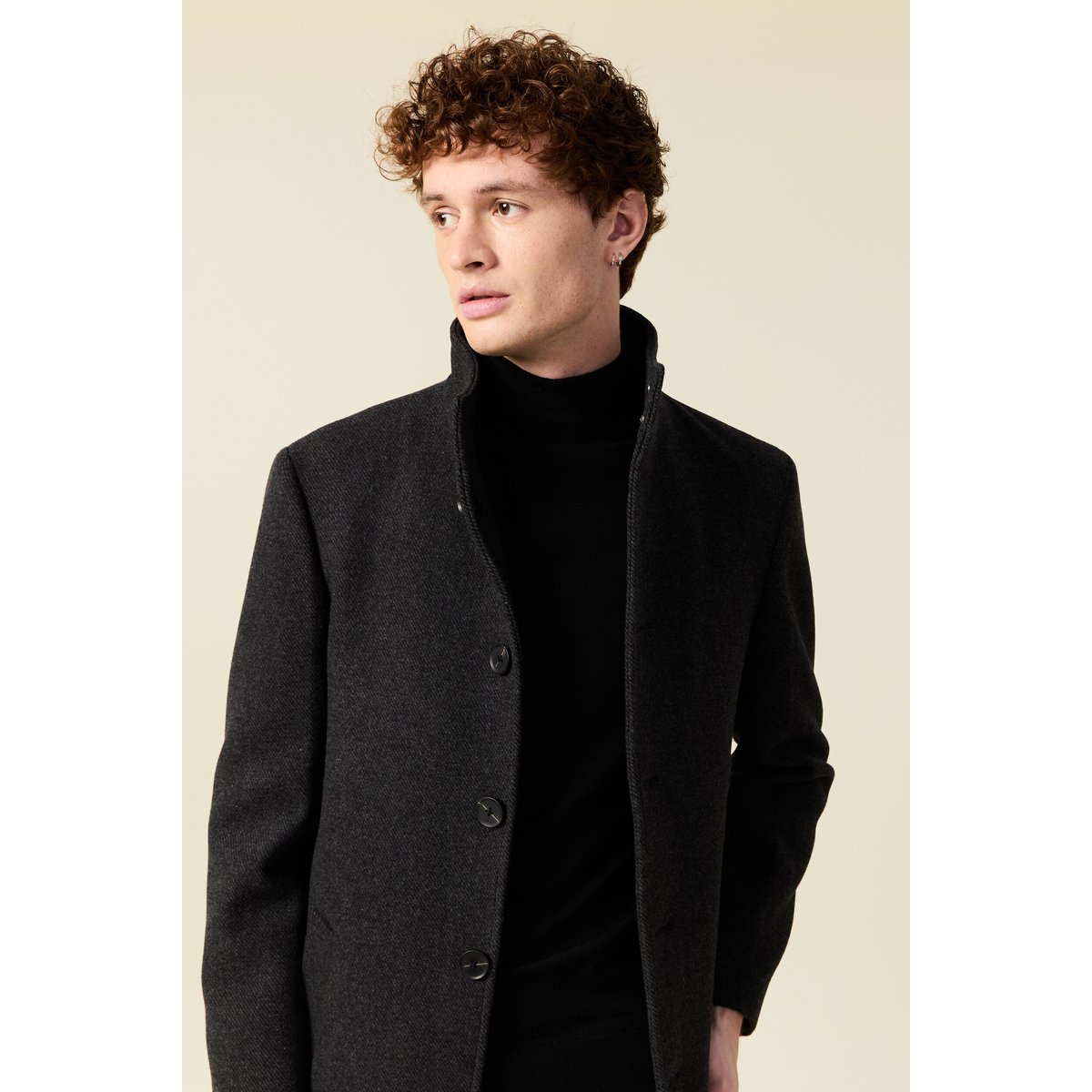Manteau droit long col montant noir, BONOBO
