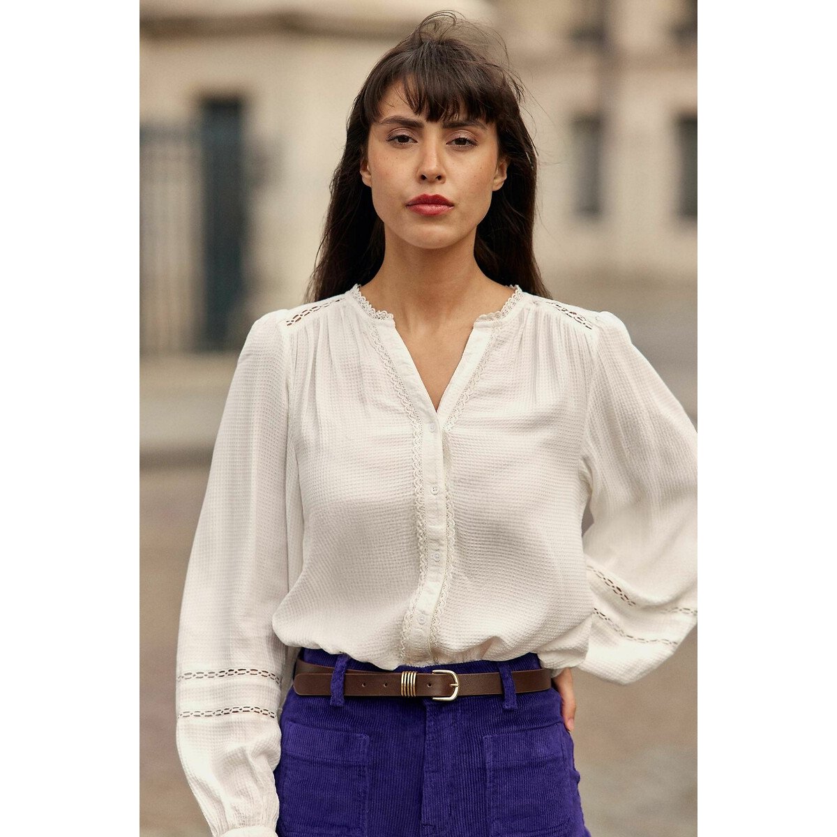 Blouse col V, détails dentelle, BROOKIE ecru, LA PETITE ETOILE