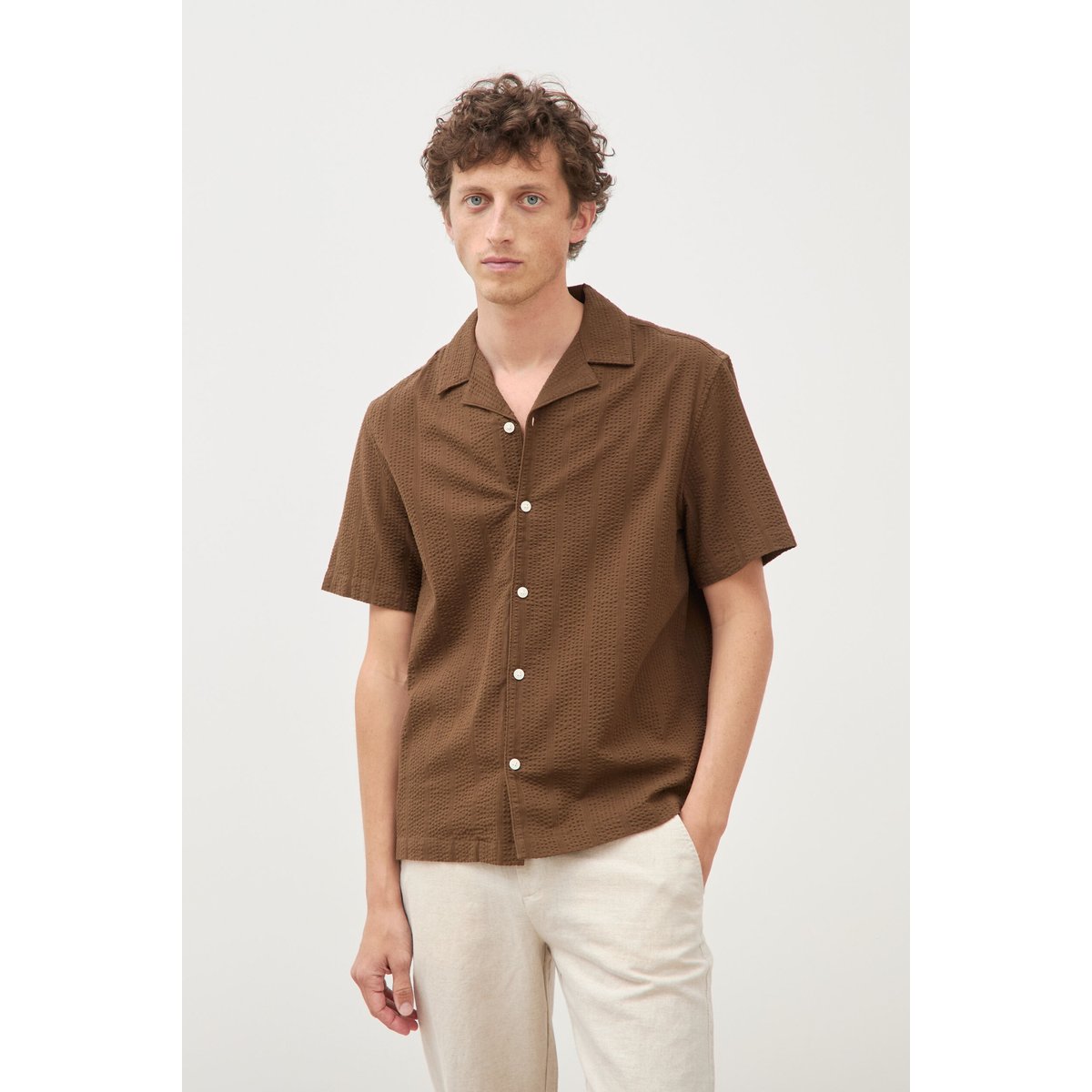 Chemise manches courtes col tailleur taupe, BONOBO