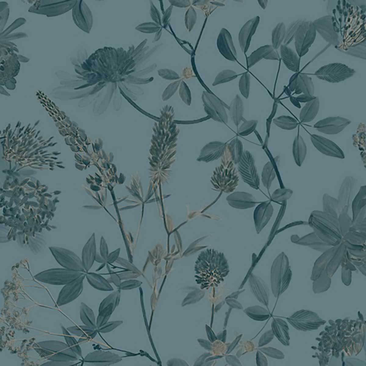 Papier peint floral botanique fond bleu canard bleu, HEXOA